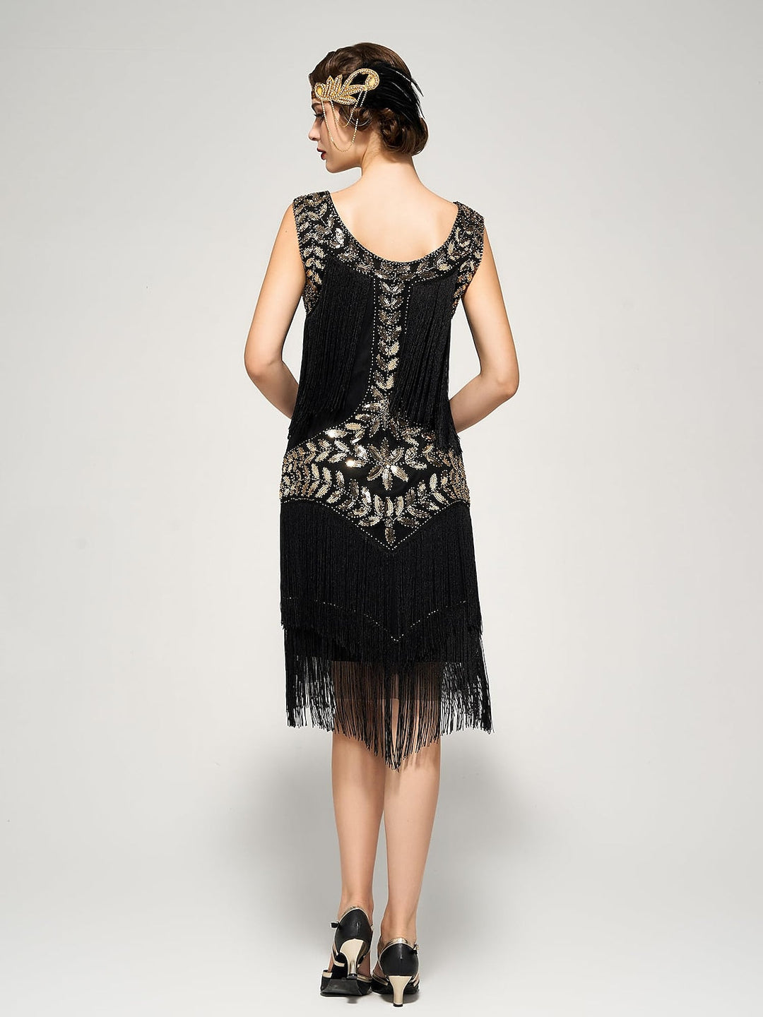 Robe Vintage Trapèze/Princesse Sans Manches, Longueur Genou, avec Franges et Paillettes