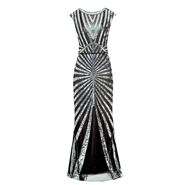 Robe Trapèze/Princesse à Col Bijou Sans Manches, Longueur Au Sol, Style Vintage, avec Sequins