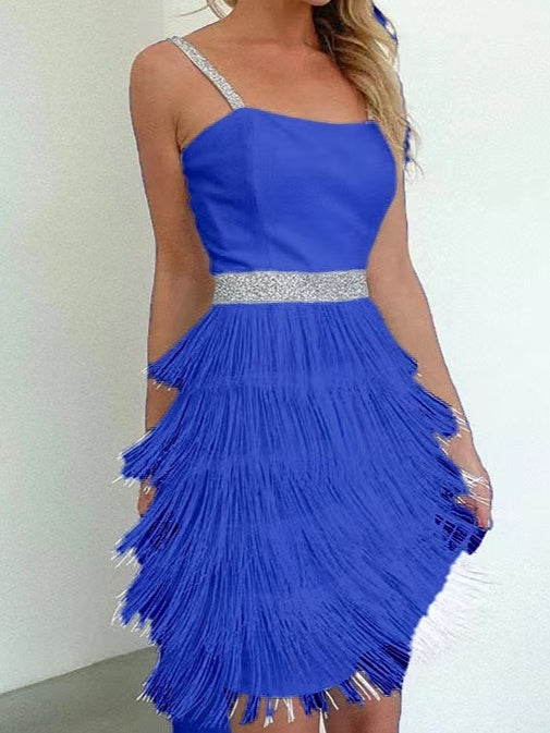 Robe Vintage Trapèze/Princesse à Bretelles Spaghetti Sans Manches, Longueur Genou, avec Franges à Pampilles