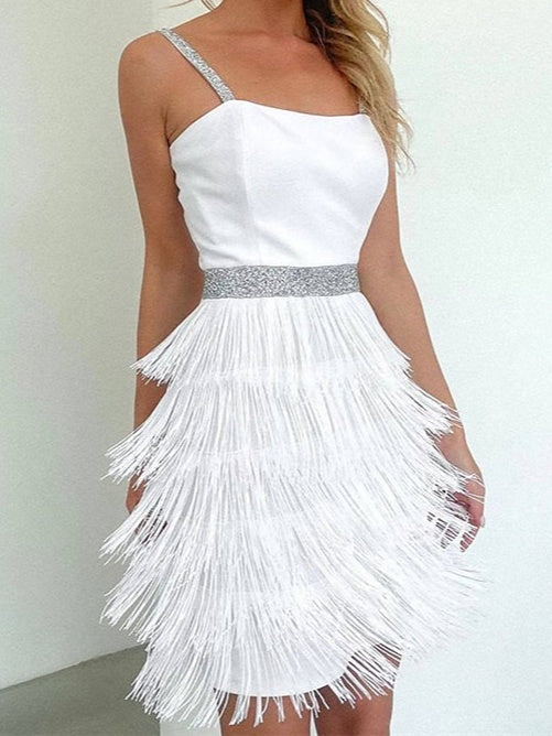 Robe Vintage Trapèze/Princesse à Bretelles Spaghetti Sans Manches, Longueur Genou, avec Franges à Pampilles