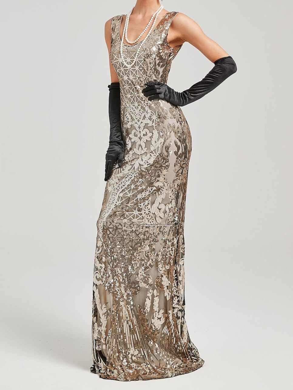 Robe Trapèze/Princesse à Épaules Dénudées Sans Manches, Longueur Au Sol, Style Vintage, avec Sequins