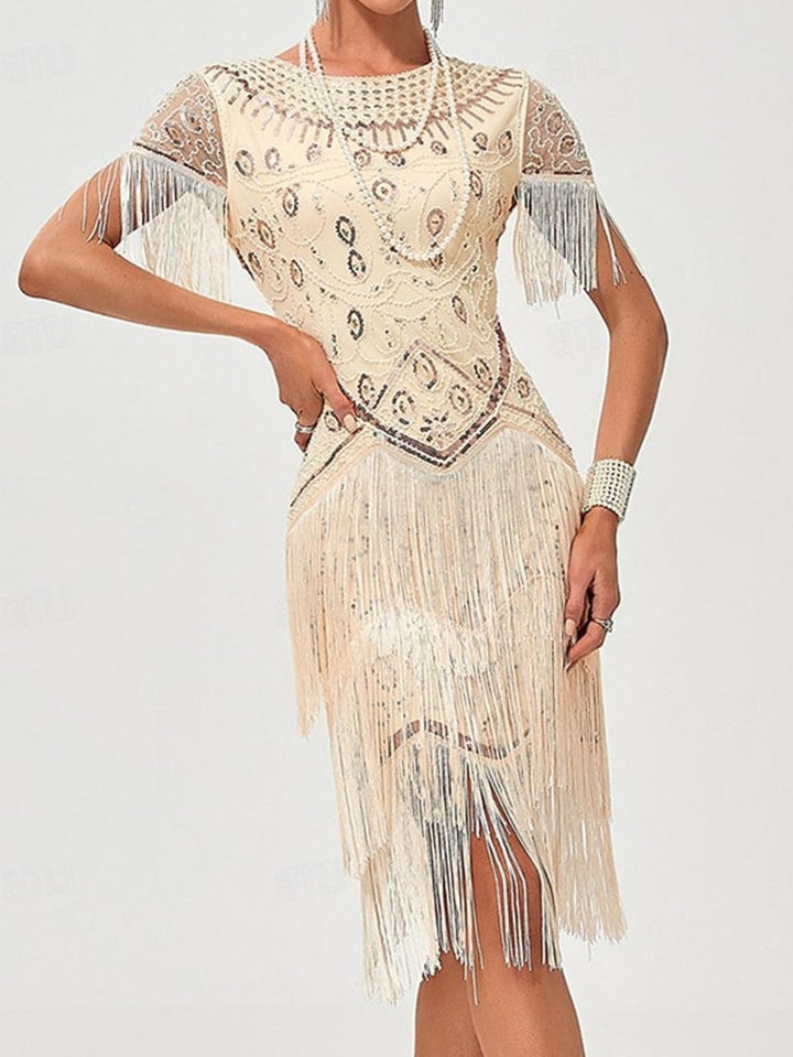 Robe Trapèze/Princesse à Manches Courtes et Col Bijou, Longueur Genou, Style Vintage, avec Franges à Pampilles et Paillettes