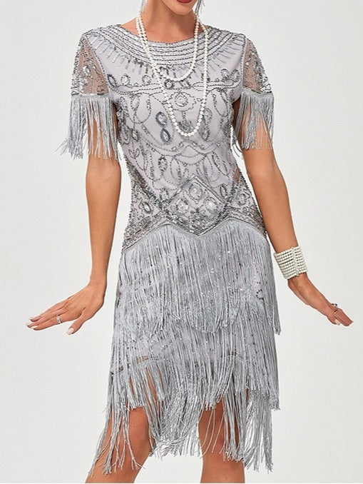 Robe Trapèze/Princesse à Manches Courtes et Col Bijou, Longueur Genou, Style Vintage, avec Franges à Pampilles et Paillettes