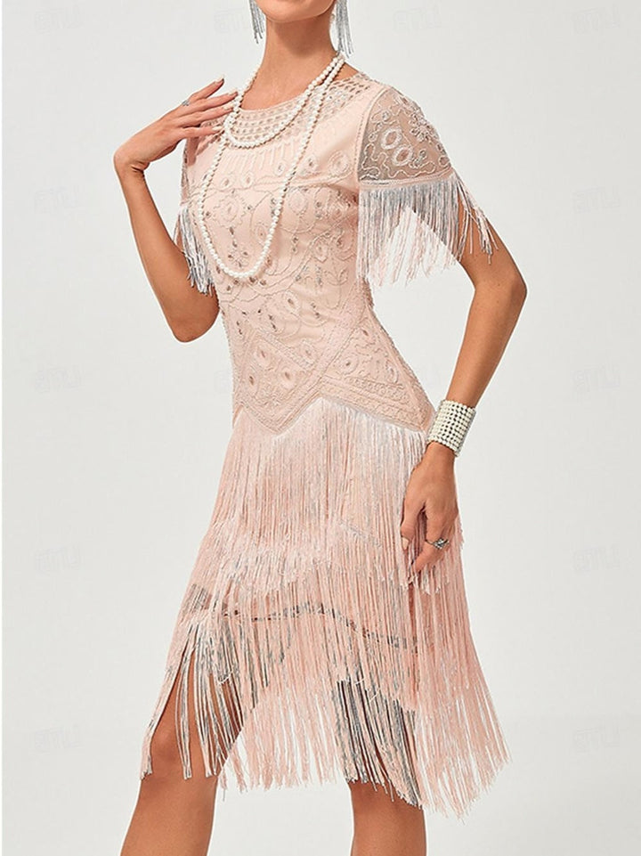 Robe Trapèze/Princesse à Manches Courtes et Col Bijou, Longueur Genou, Style Vintage, avec Franges à Pampilles et Paillettes