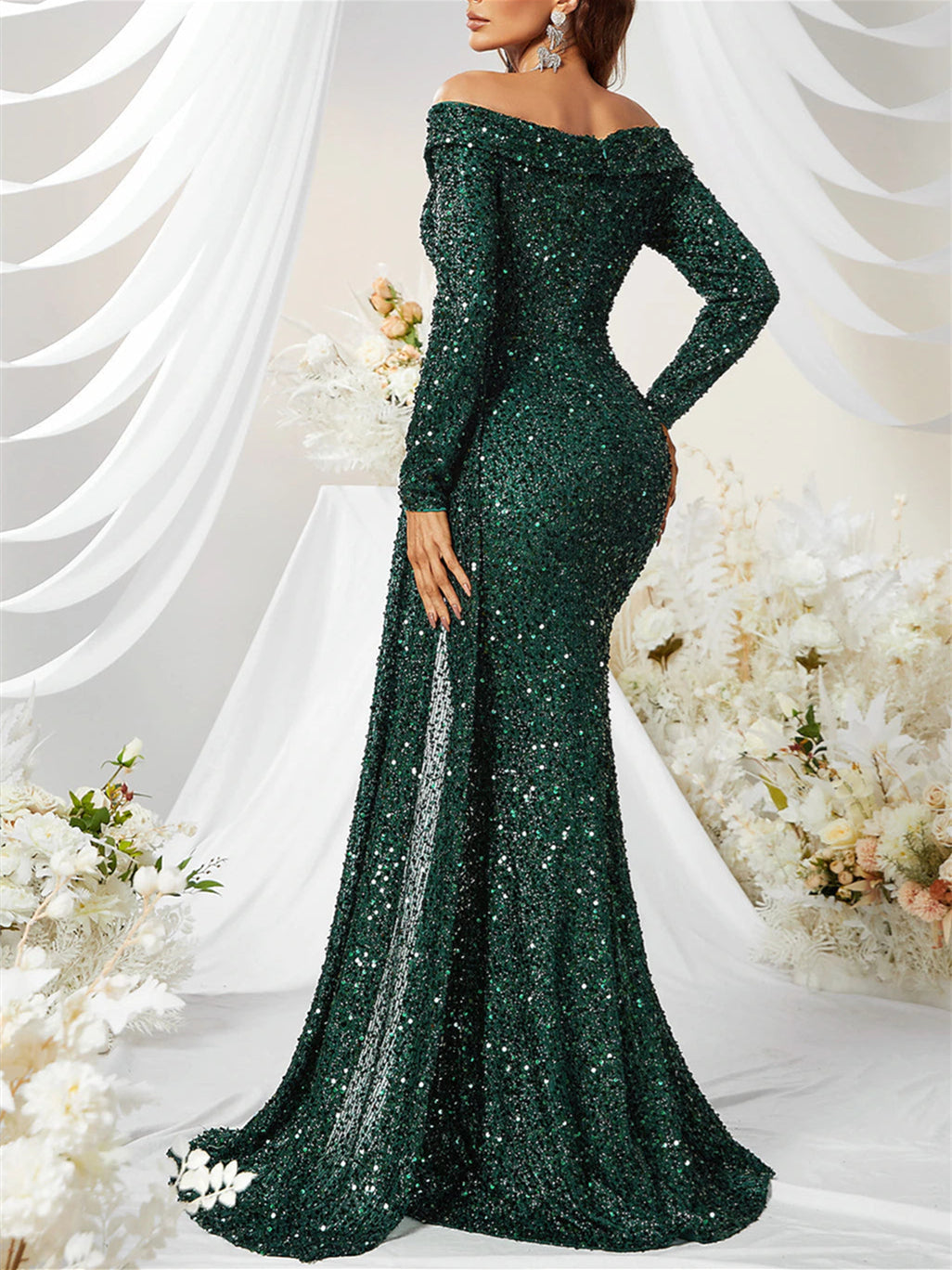 Robe de Soirée Sirène/Trompette à Traîne Scintillante avec Paillettes