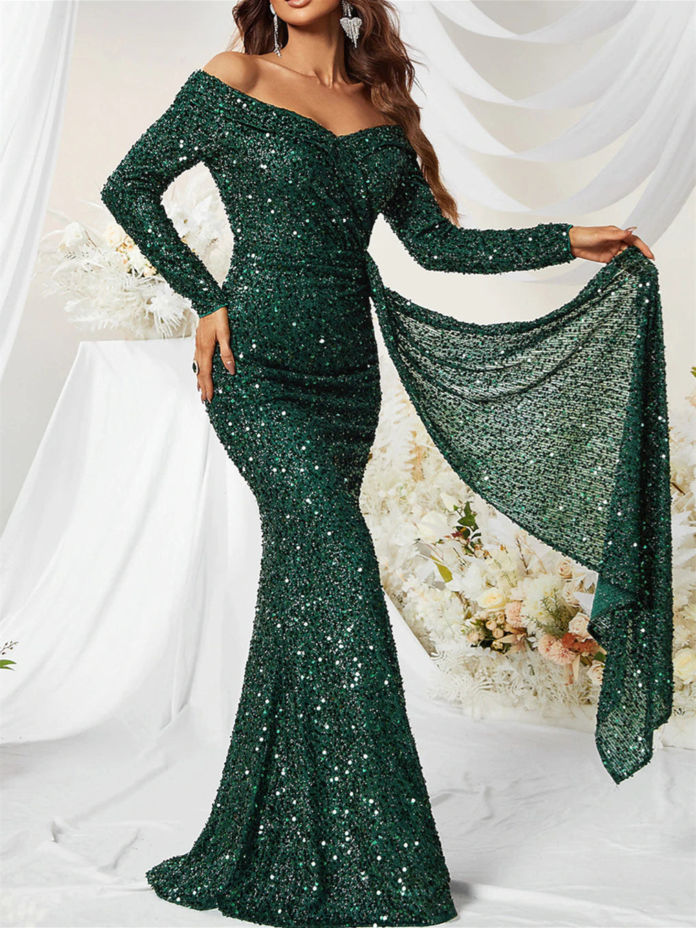 Robe de Soirée Sirène/Trompette à Traîne Scintillante avec Paillettes
