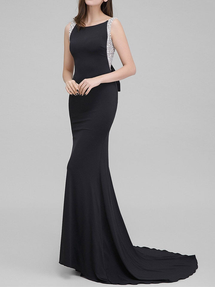 Robe de Soirée Sirène/Trompette à Col Rond et Traîne Courte avec Nœud(S) et Perles