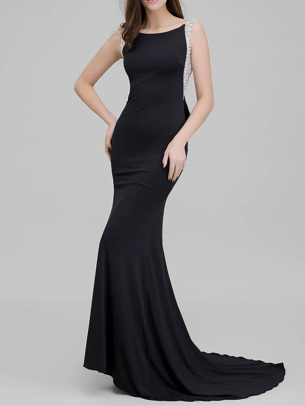 Robe de Soirée Sirène/Trompette à Col Rond et Traîne Courte avec Nœud(S) et Perles