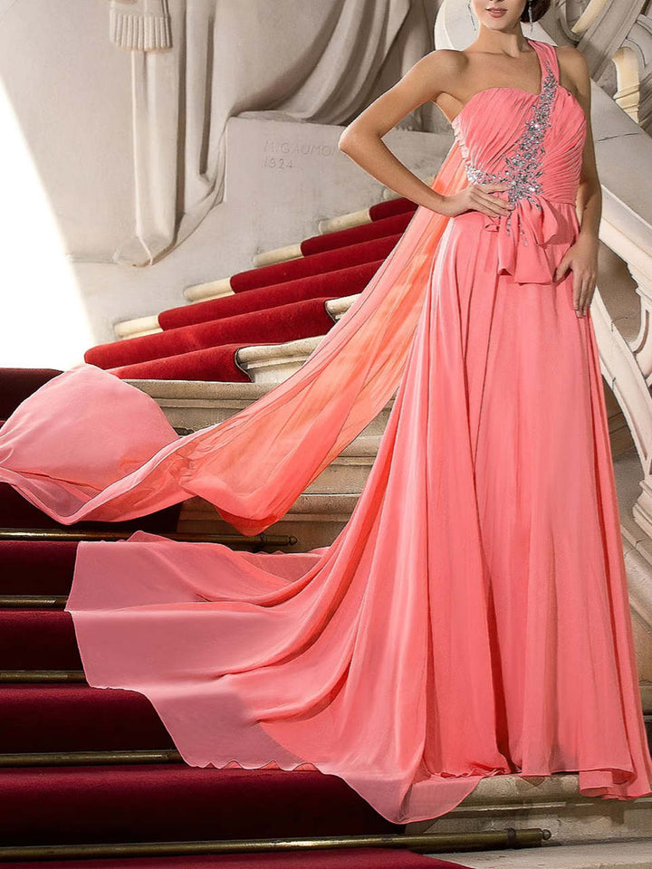 Robe de Soirée Trapèze/Princesse à Une Épaule et Traîne avec Drapé de Cristaux