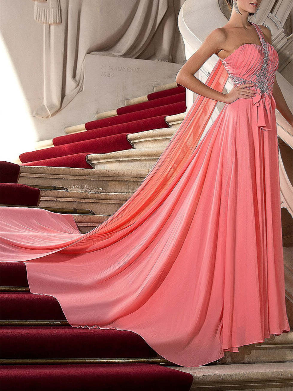Robe de Soirée Trapèze/Princesse à Une Épaule et Traîne avec Drapé de Cristaux