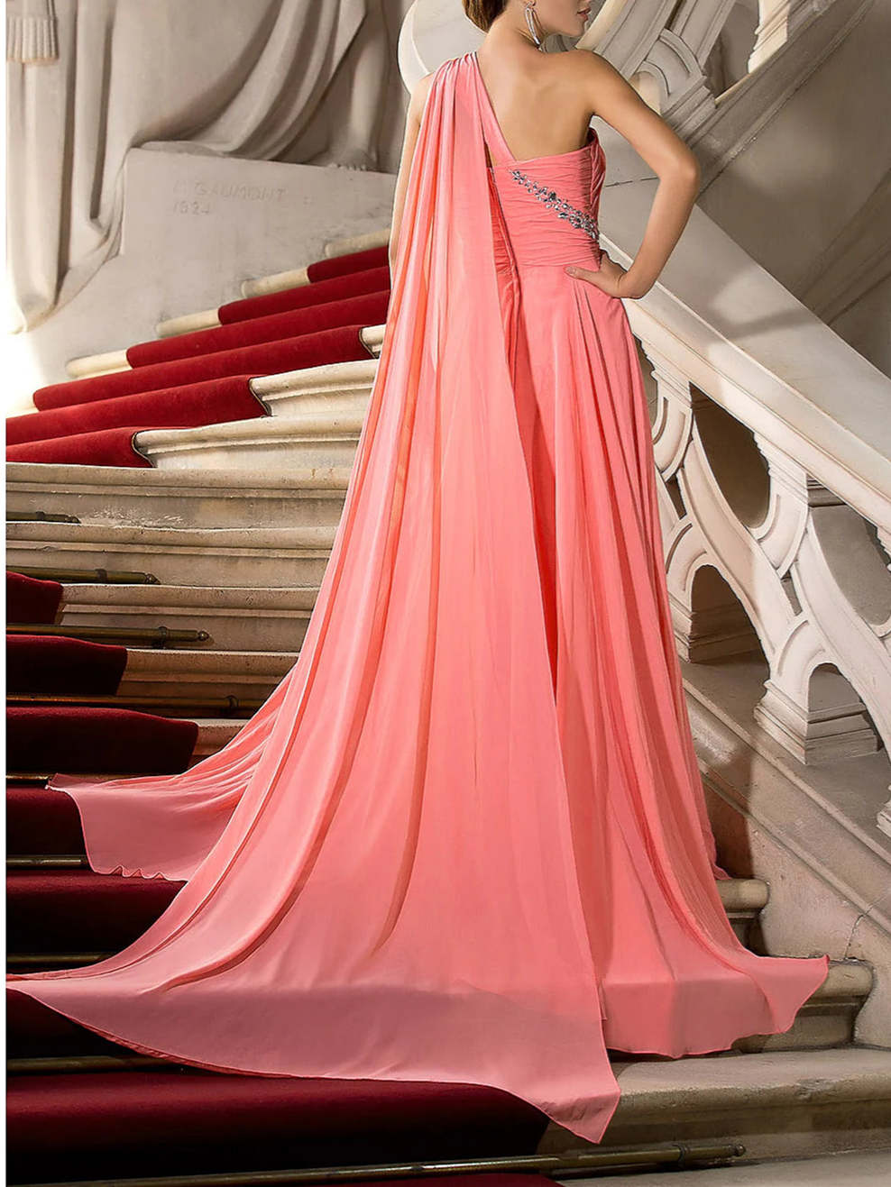 Robe de Soirée Trapèze/Princesse à Une Épaule et Traîne avec Drapé de Cristaux