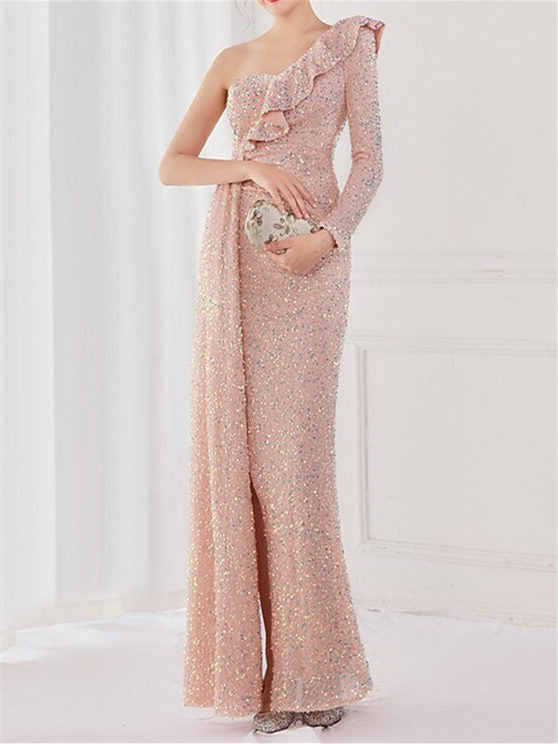 Robe de Soirée Sirène/Trompette Asymétrique avec Fente à Paillettes