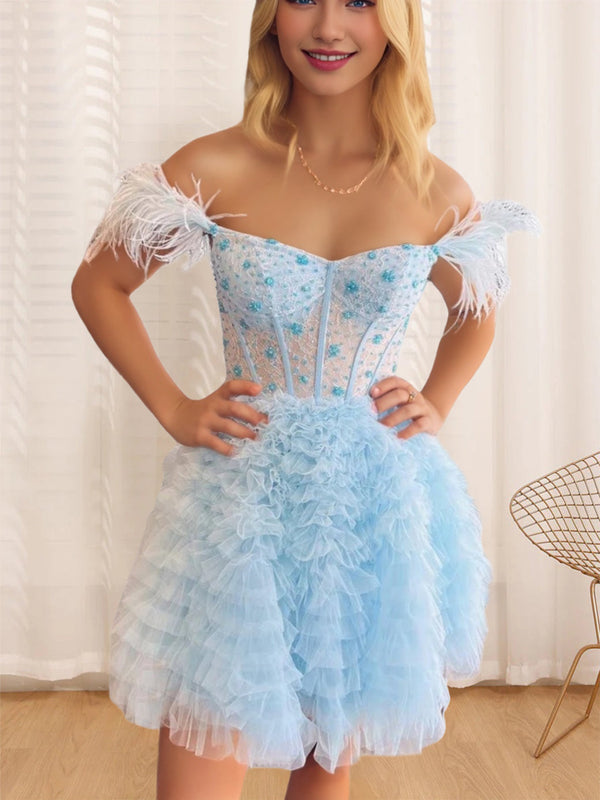Robe de Soirée Courte/Mini en Forme de A/Princesse, Décolleté en Cœur, Sans Manches, avec Volants et Plumes
