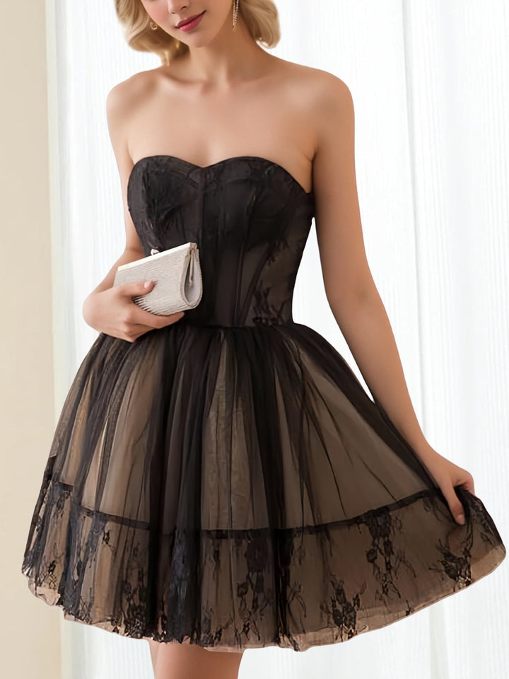 Robe de Soirée Courte/Mini Sans Manches, Coupe A-Line/Princesse, Sans Bretelles, avec Corsage Corset, pour Cocktail, Soirée