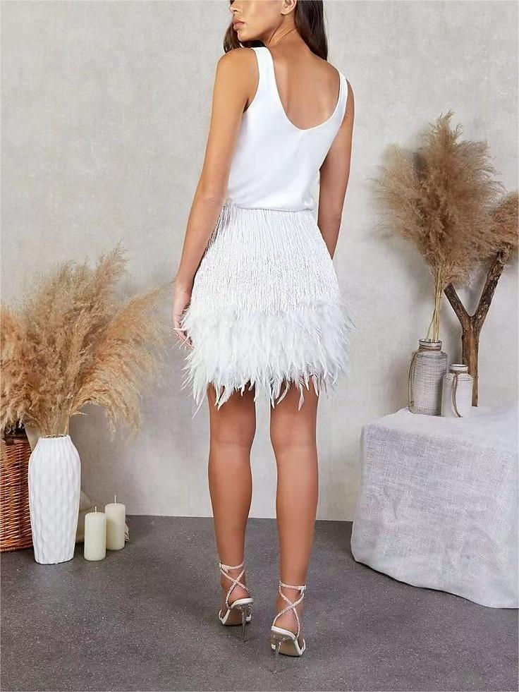 Robe Courte/Mini Vintage Sans Manches à Col Bijou avec Plumes