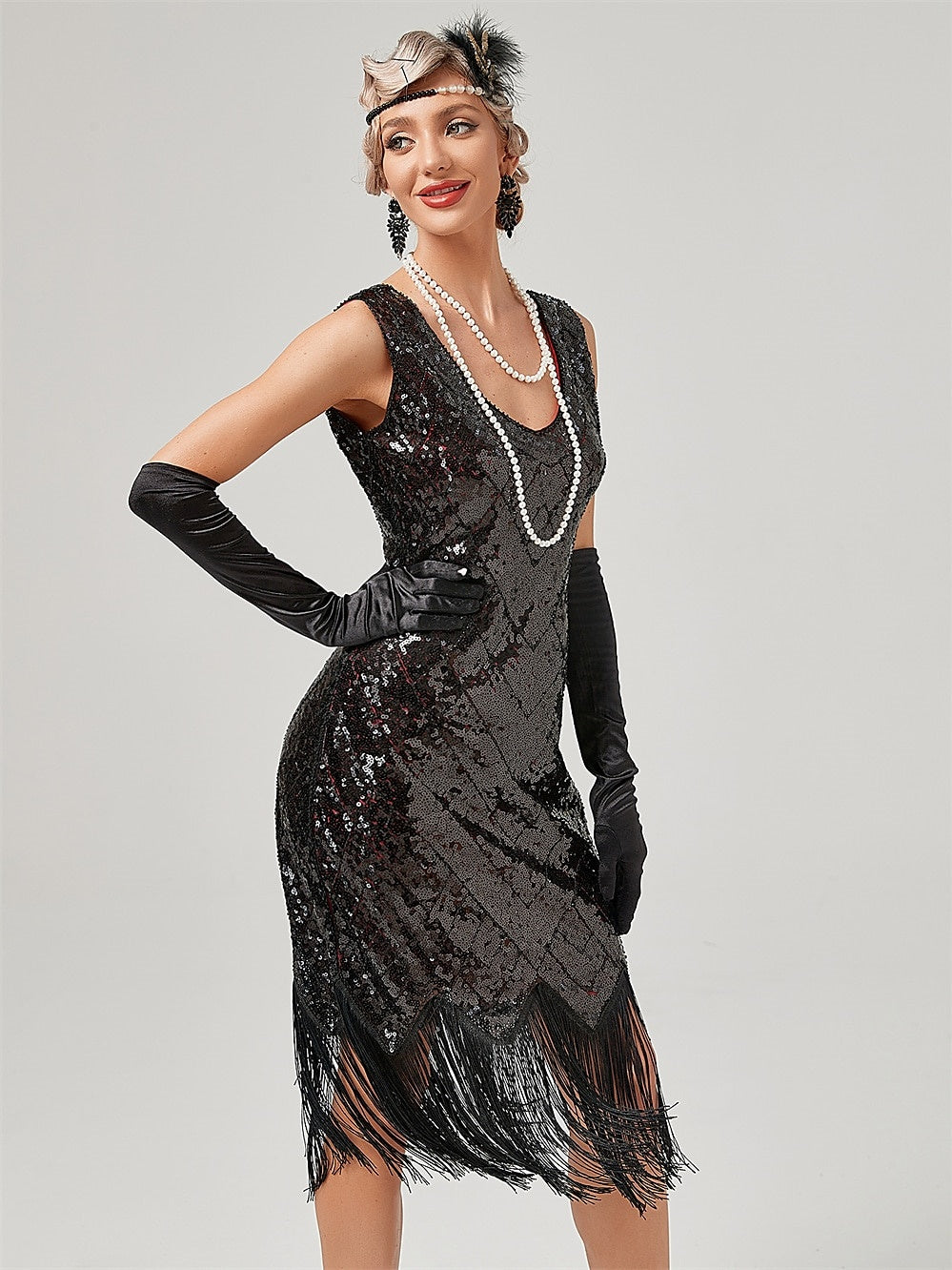 Robe Trapèze/Princesse à Col Bijou, Épaules Dénudées, Sans Manches, Longueur Genou, Vintage, avec Paillettes et Franges à Pampilles