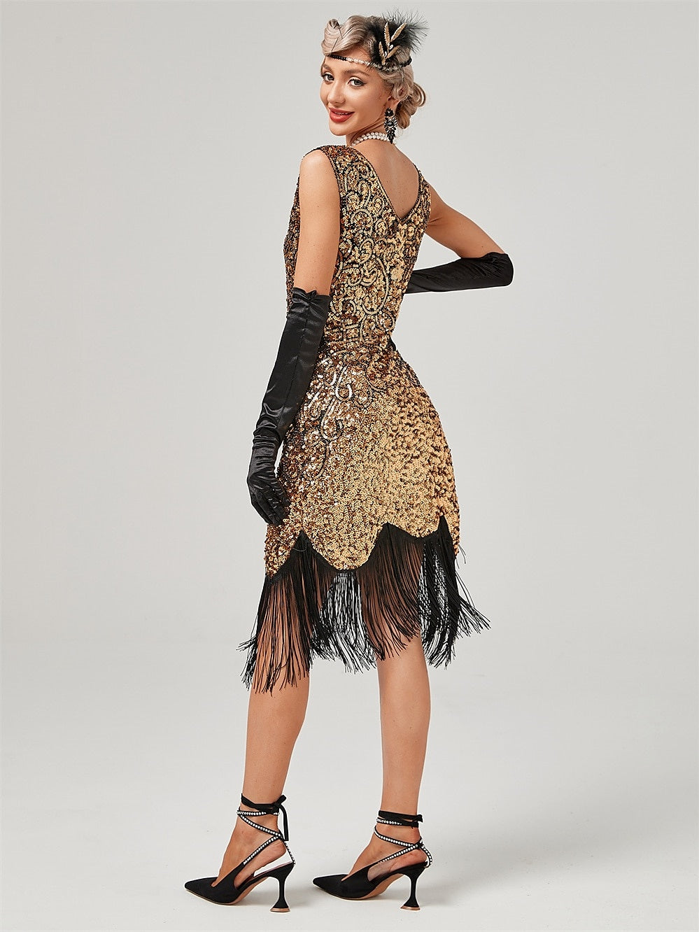 Robe Trapèze/Princesse à Col Bijou, Épaules Dénudées, Sans Manches, Longueur Genou, Vintage, avec Paillettes et Franges à Pampilles