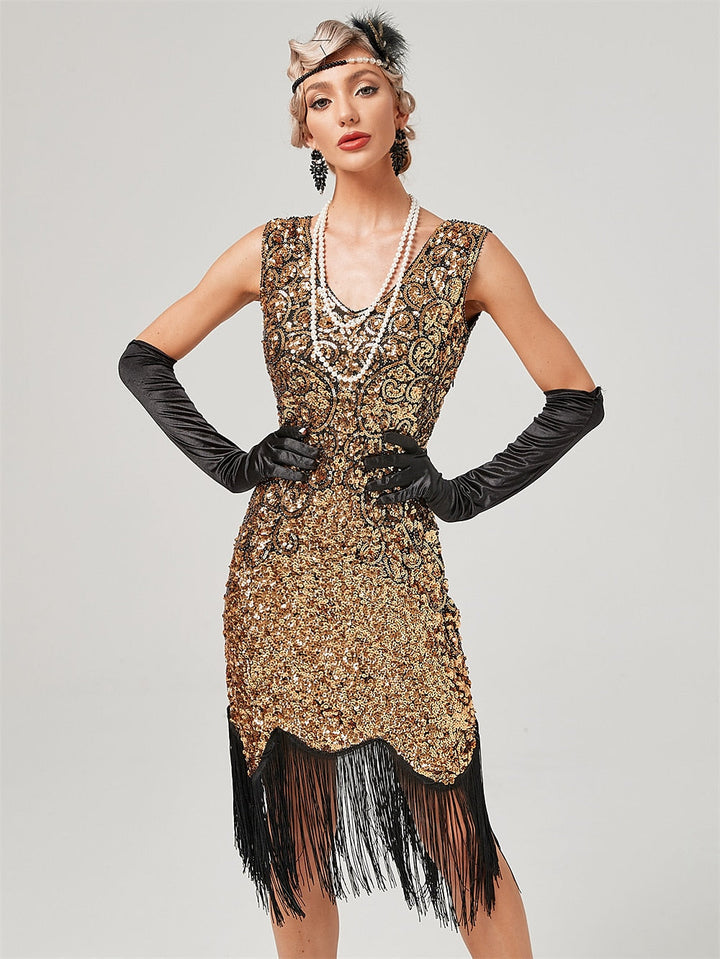 Robe Trapèze/Princesse à Col Bijou, Épaules Dénudées, Sans Manches, Longueur Genou, Vintage, avec Paillettes et Franges à Pampilles