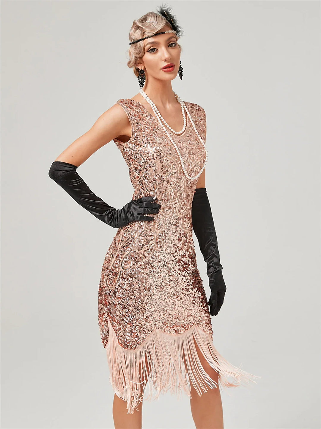 Robe Trapèze/Princesse à Col Bijou, Épaules Dénudées, Sans Manches, Longueur Genou, Vintage, avec Paillettes et Franges à Pampilles