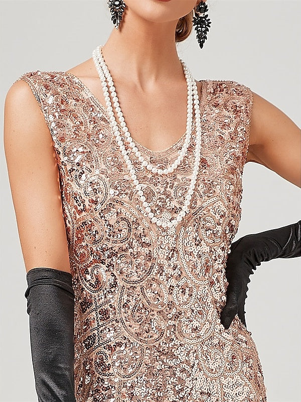 Robe Trapèze/Princesse à Col Bijou, Épaules Dénudées, Sans Manches, Longueur Genou, Vintage, avec Paillettes et Franges à Pampilles