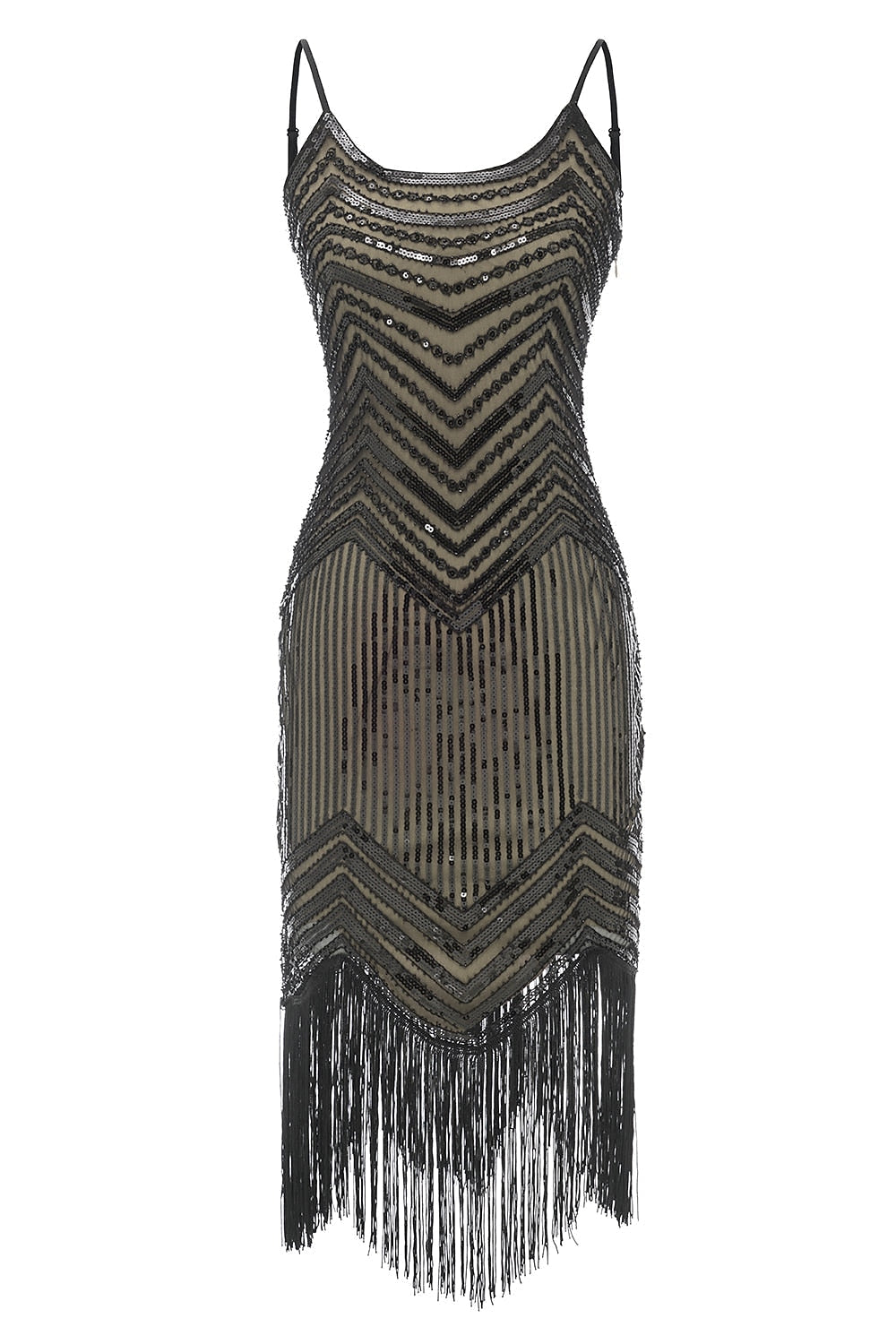 Robe Fourreau/Colonne à Bretelles Spaghetti Sans Manches, Longueur Thé, Vintage, avec Paillettes et Franges à Pampilles