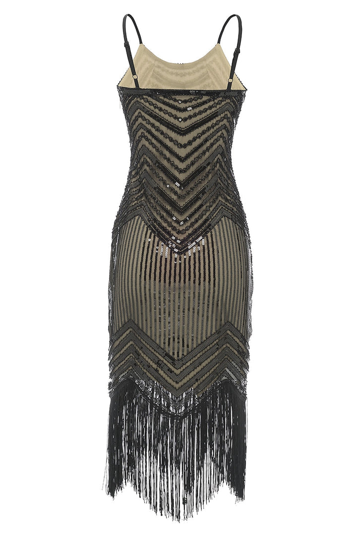 Robe Fourreau/Colonne à Bretelles Spaghetti Sans Manches, Longueur Thé, Vintage, avec Paillettes et Franges à Pampilles