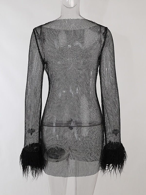 Robe Trapèze/Princesse à Col Bijou et Manches Longues, Courte/Mini, Vintage