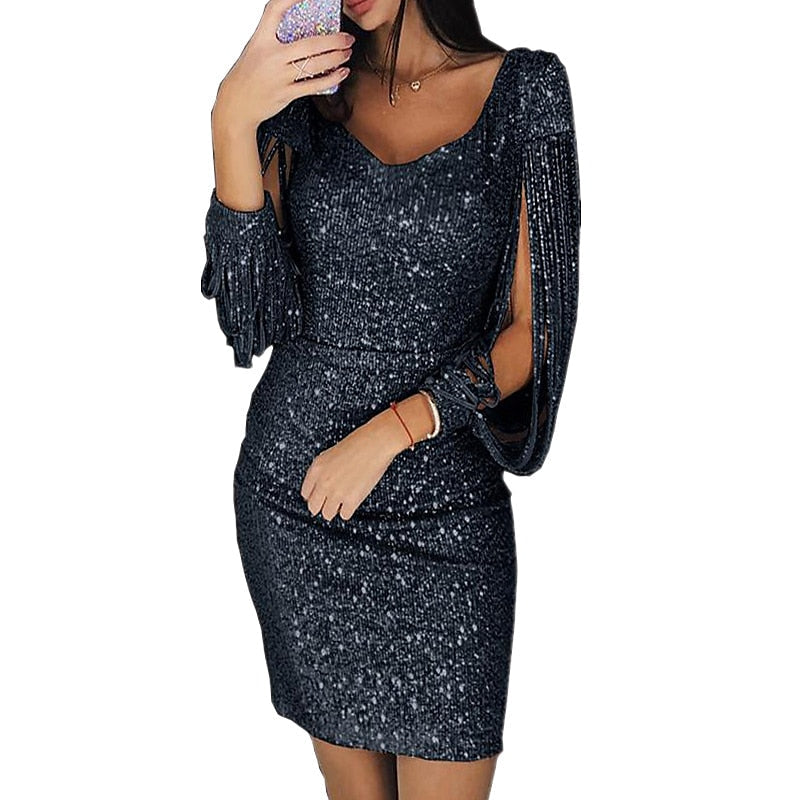 Robe Fourreau/Colonne à Col en V, Manches Longues, Courte/Mini, Vintage, avec Paillettes et Franges à Pampilles