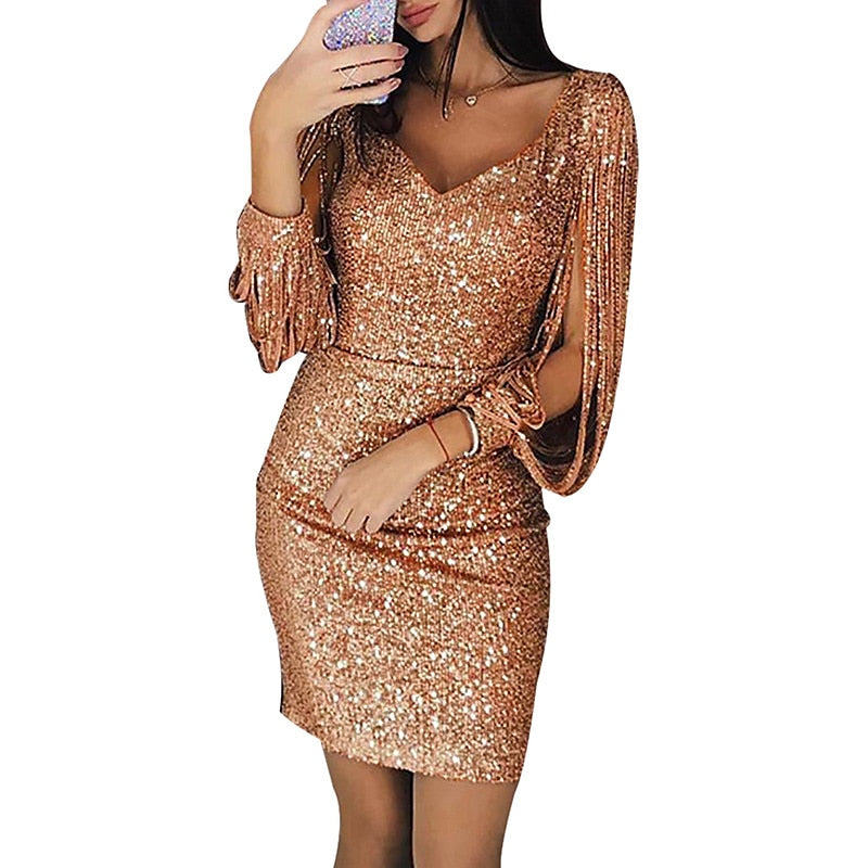 Robe Fourreau/Colonne à Col en V, Manches Longues, Courte/Mini, Vintage, avec Paillettes et Franges à Pampilles