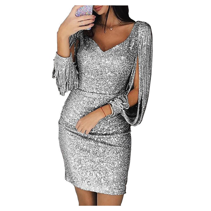 Robe Fourreau/Colonne à Col en V, Manches Longues, Courte/Mini, Vintage, avec Paillettes et Franges à Pampilles