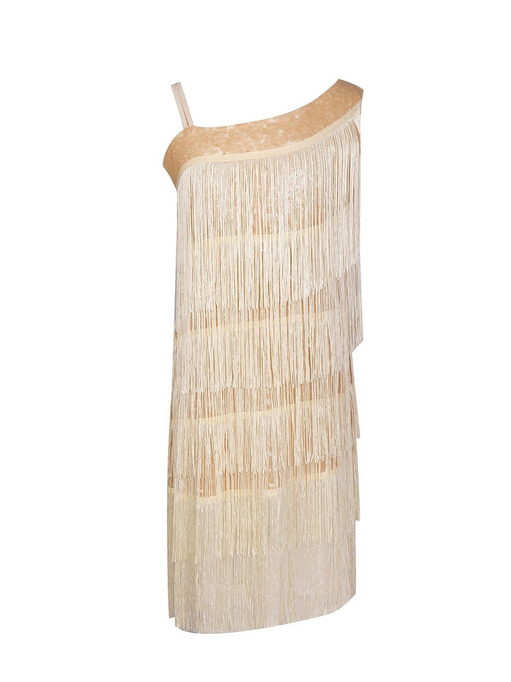 Robe Vintage Trapèze/Princesse Sans Manches, Longueur Genou, Sans Bretelles, avec Paillettes et Franges à Pampilles