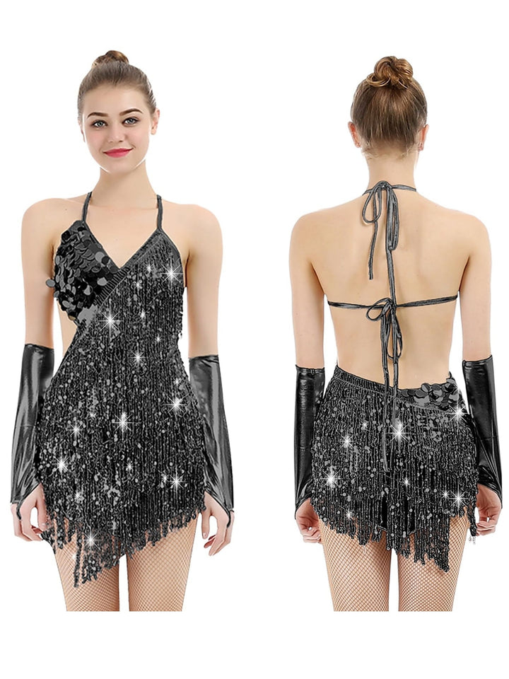 Robe Trapèze/Princesse à Col en V Sans Manches, Courte/Mini, Vintage, avec Paillettes et Franges à Pampilles