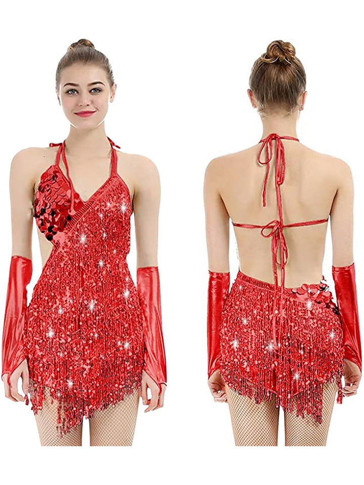 Robe Trapèze/Princesse à Col en V Sans Manches, Courte/Mini, Vintage, avec Paillettes et Franges à Pampilles