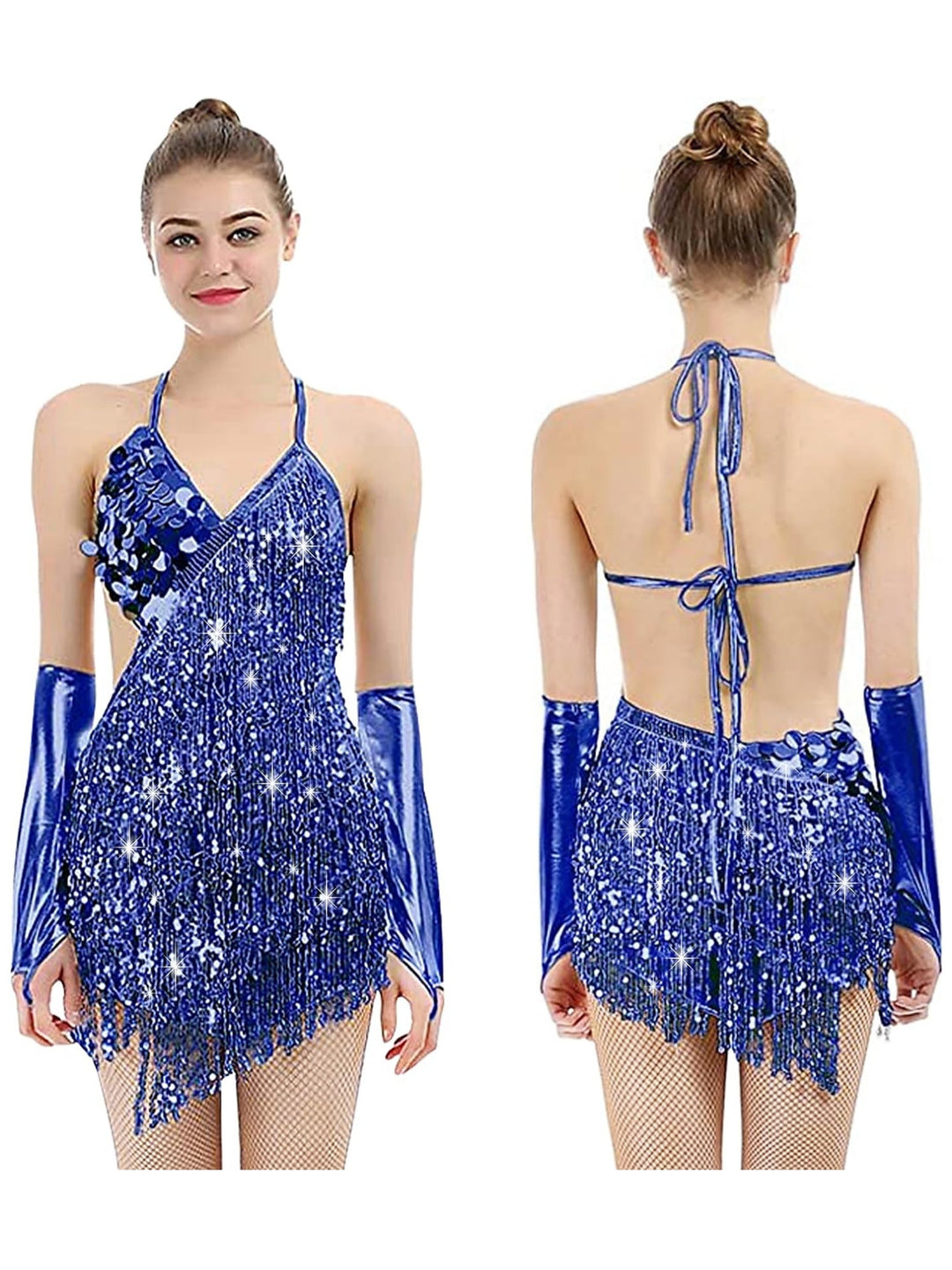 Robe Trapèze/Princesse à Col en V Sans Manches, Courte/Mini, Vintage, avec Paillettes et Franges à Pampilles