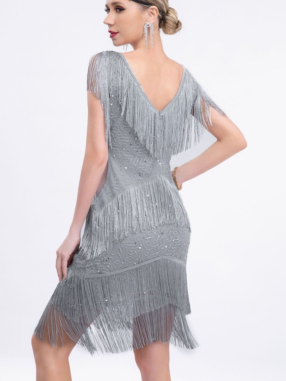 Robe Fourreau/Colonne à Col en V Sans Manches, Longueur Genou, Vintage, avec Paillettes et Franges à Pampilles