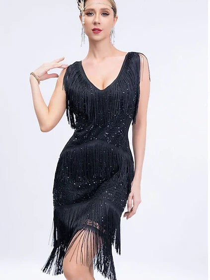Robe Fourreau/Colonne à Col en V Sans Manches, Longueur Genou, Vintage, avec Paillettes et Franges à Pampilles