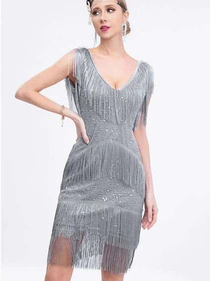 Robe Fourreau/Colonne à Col en V Sans Manches, Longueur Genou, Vintage, avec Paillettes et Franges à Pampilles