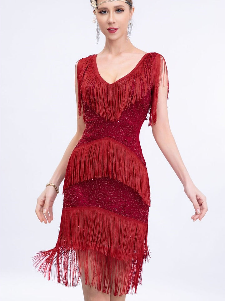 Robe Fourreau/Colonne à Col en V Sans Manches, Longueur Genou, Vintage, avec Paillettes et Franges à Pampilles