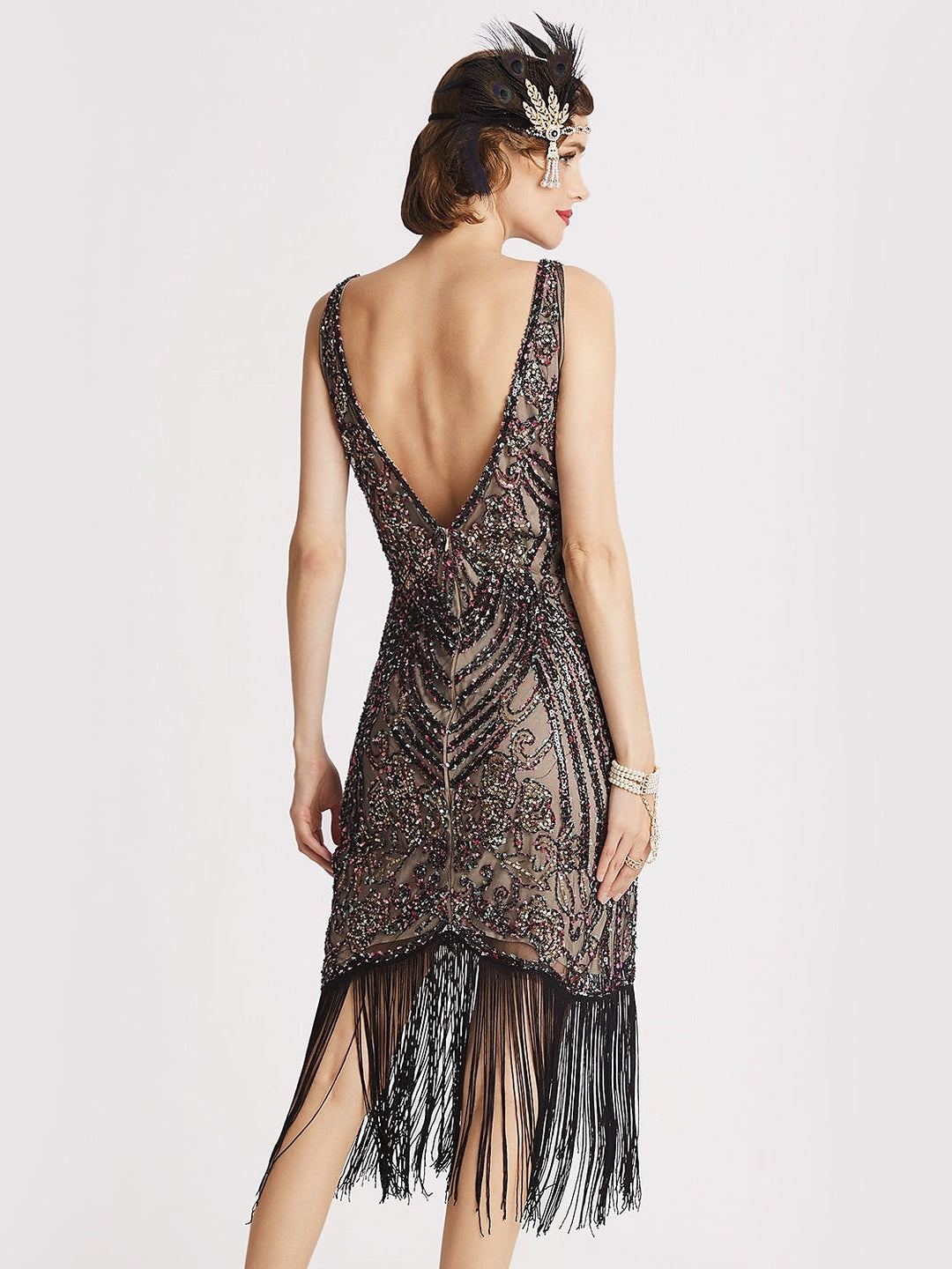 Robe Vintage Trapèze/Princesse à Col en V Sans Manches, Longueur Genou, avec Paillettes et Franges à Pampilles