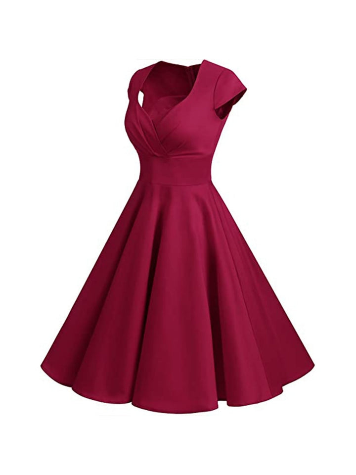 Robe Vintage Trapèze/Princesse à Col en V et Manches Courtes Jusqu'Aux Genoux