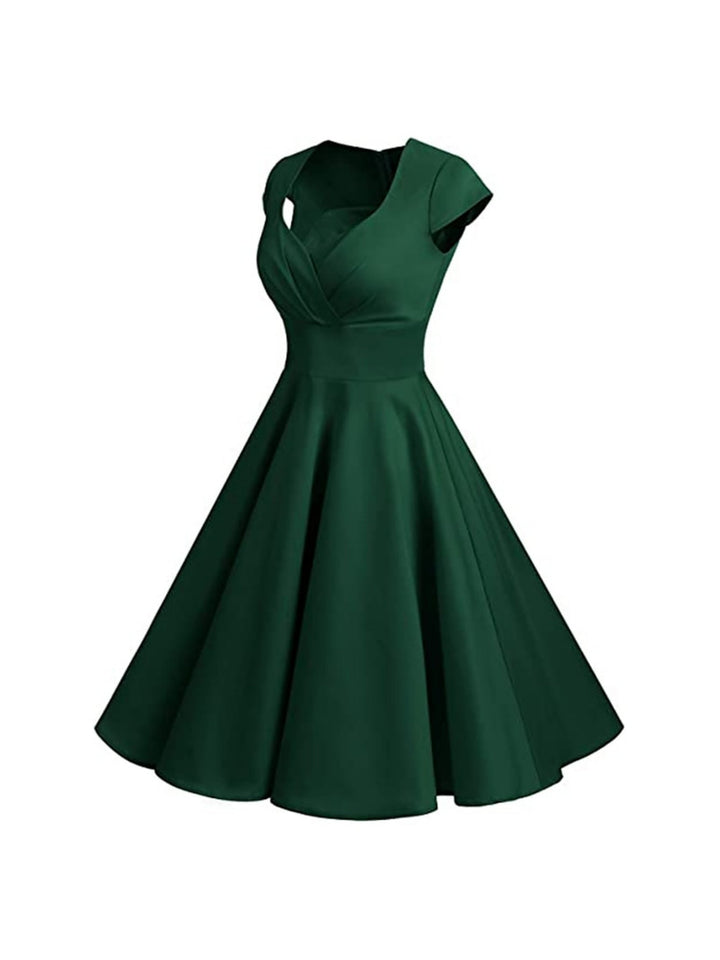 Robe Vintage Trapèze/Princesse à Col en V et Manches Courtes Jusqu'Aux Genoux