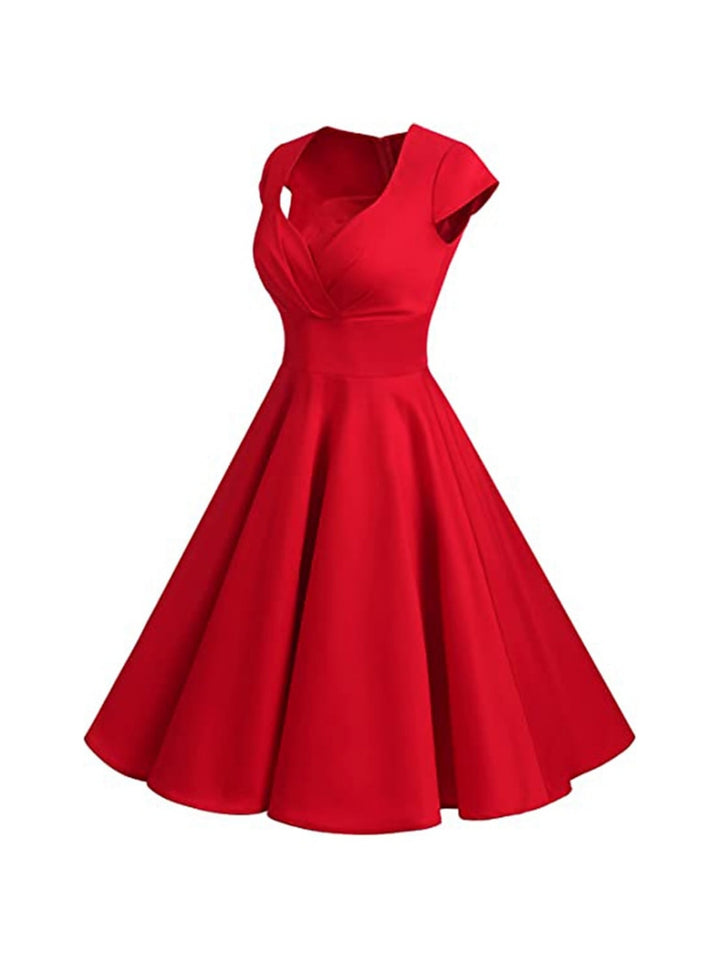 Robe Vintage Trapèze/Princesse à Col en V et Manches Courtes Jusqu'Aux Genoux