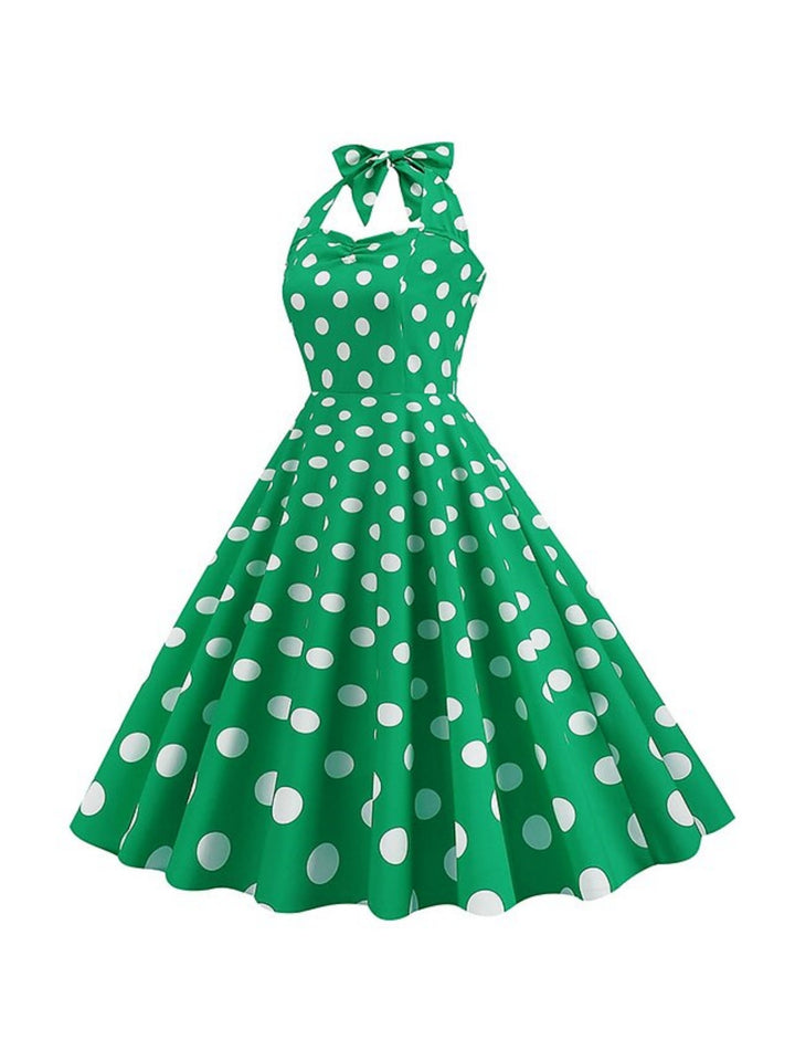 Robe Vintage Trapèze/Princesse Sans Manches à Col Licou et Longueur Thé avec Nœud