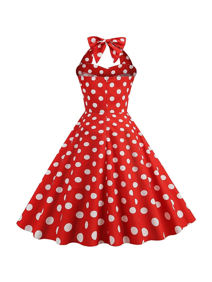 Robe Vintage Trapèze/Princesse Sans Manches à Col Licou et Longueur Thé avec Nœud