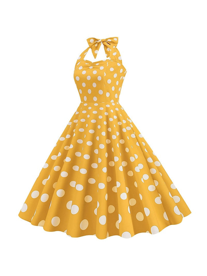 Robe Vintage Trapèze/Princesse Sans Manches à Col Licou et Longueur Thé avec Nœud