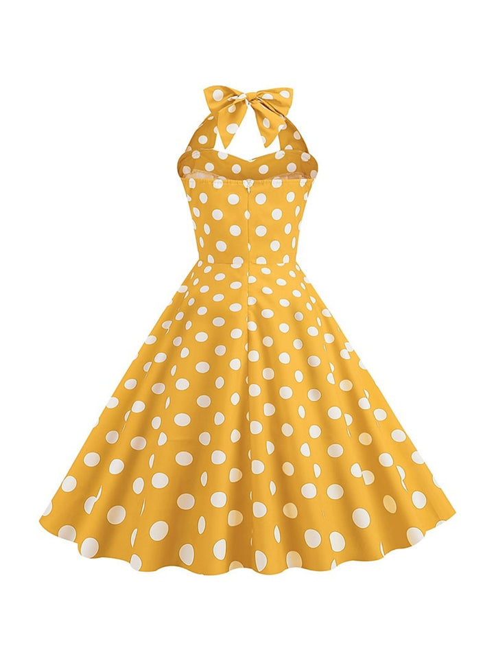 Robe Vintage Trapèze/Princesse Sans Manches à Col Licou et Longueur Thé avec Nœud