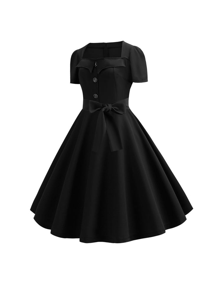 Robe Trapèze/Princesse à Manches Courtes et Col Rond, Longueur Thé, Vintage, avec Nœud