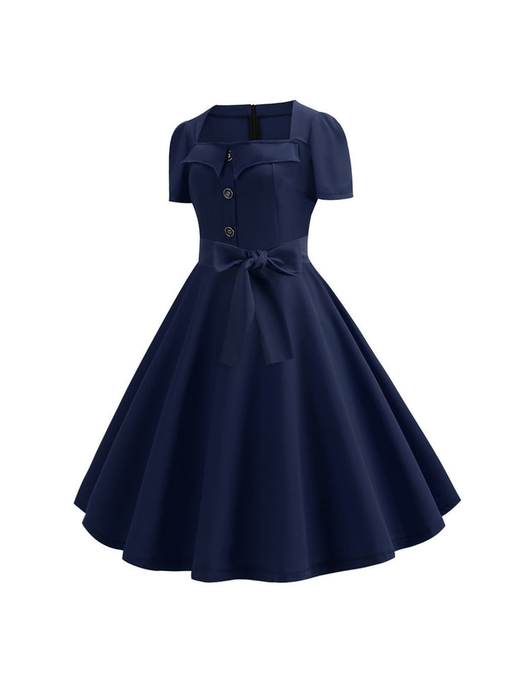 Robe Trapèze/Princesse à Manches Courtes et Col Rond, Longueur Thé, Vintage, avec Nœud