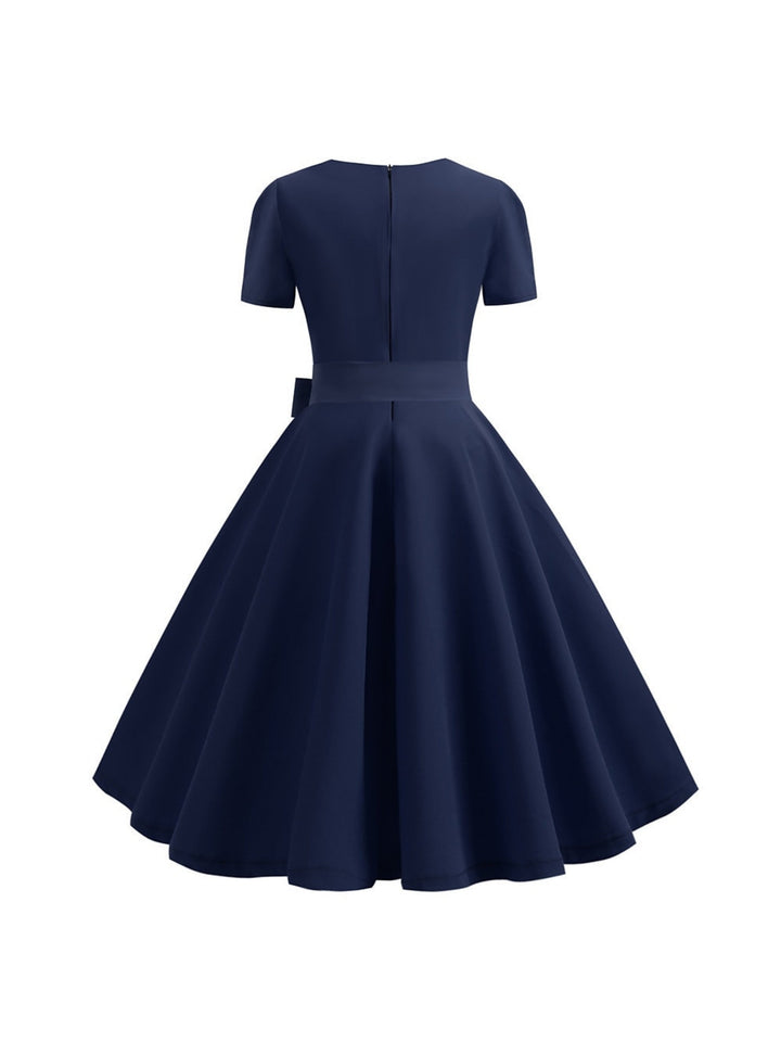 Robe Trapèze/Princesse à Manches Courtes et Col Rond, Longueur Thé, Vintage, avec Nœud