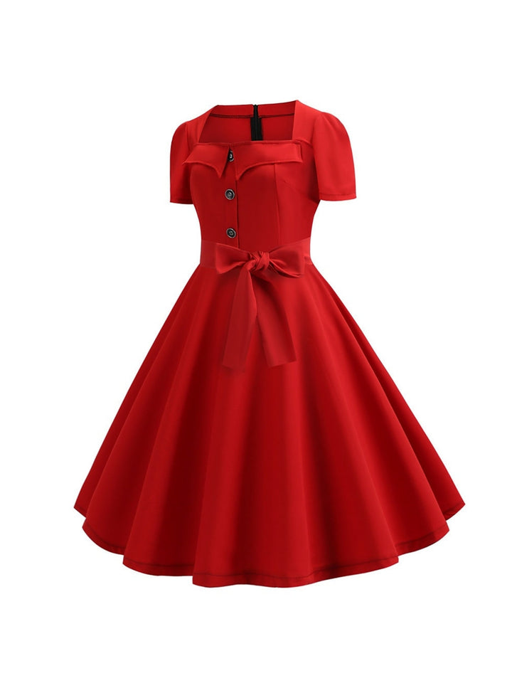 Robe Trapèze/Princesse à Manches Courtes et Col Rond, Longueur Thé, Vintage, avec Nœud